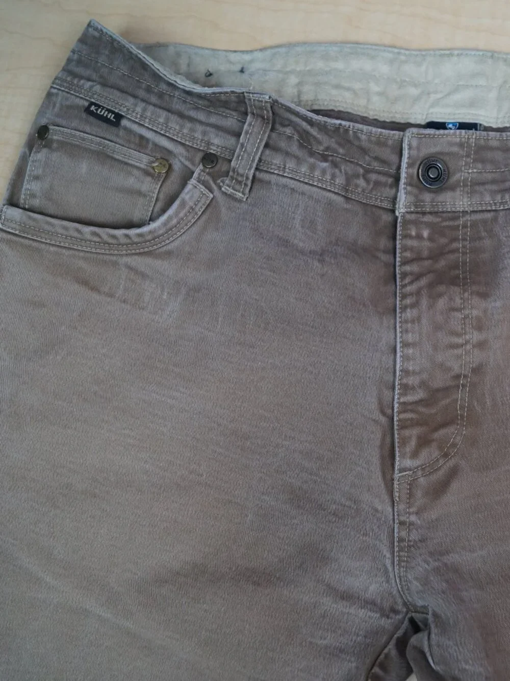 Kuhl Rydr Pants Tan Khaki Stretch Canvas Vintage Patina Dye Hiking Mens 36 x 29